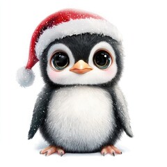 Fototapeta premium Adorable penguin wearing a Christmas hat, perfect for festive themes.