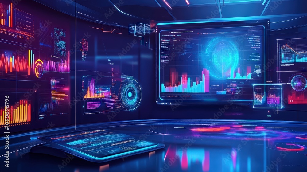 Poster imagine a futuristic ai-driven business office where data analysis and automation are handled by a d