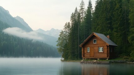 Fototapeta premium Oldfashioned wooden cabin on the lake s edge, surrounded by tall pine trees and mist rising off the water cabin on lake, misty morning