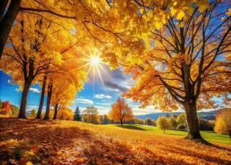 Fototapeta premium Golden Autumn Leaves Falling: Panoramic October Nature Scenery, Sunny Day Autumn Background Photography