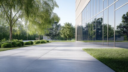 Perspective view of a vacant cement floor beside a modern building featuring steel and glass exterior, surrounded by lush greenery and trees.
