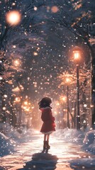 Obraz premium Young girl in a red coat standing under glowing streetlights in a snowy evening.