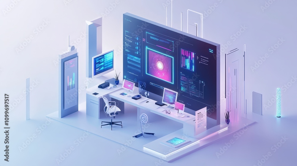Poster imagine a high-tech marketing office where ai is used to analyze data and generate insights. the dig