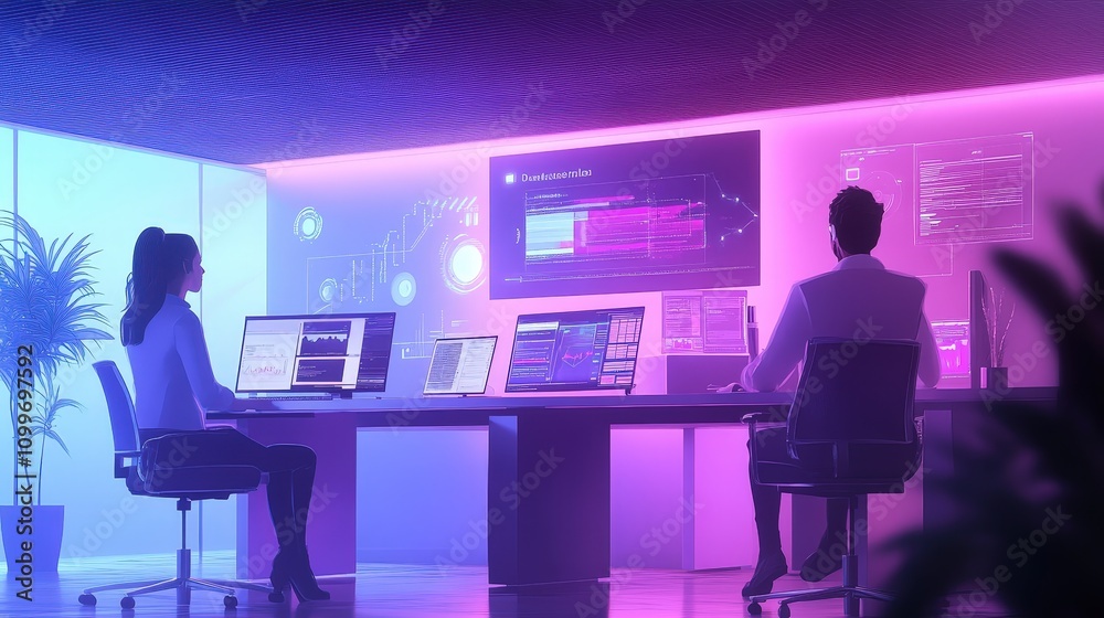 Poster imagine a high-tech marketing office where ai is used to analyze data and generate insights. the dig