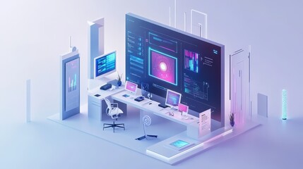 Fototapeta premium Imagine a high-tech marketing office where AI is used to analyze data and generate insights. The digital assistant displays data reports,