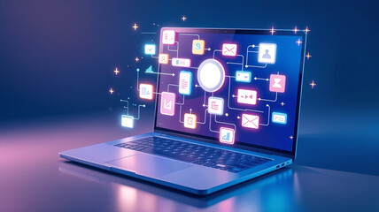 Fototapeta premium a laptop with holograms of icons around it. Generative AI