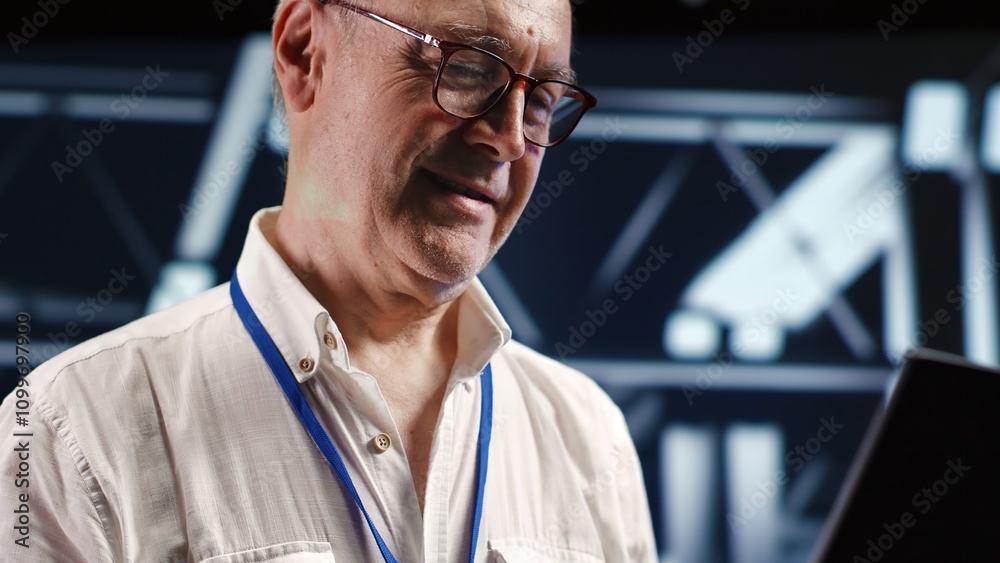 Poster dilligent professional navigating network of server infrastructure in industrial hub. it consultant 