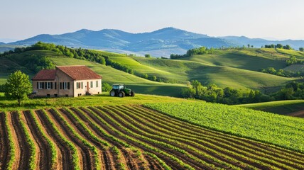 Fototapeta premium Rural farmhouse on a hill, with a tractor in the yard and fields of crops in the valley below farmhouse, agricultural scene