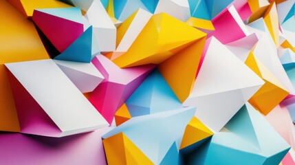 Obraz premium Abstract depiction of diversity with a cascade of interlocking, colorful polygons creating a vibrant, unified design in a minimalist space