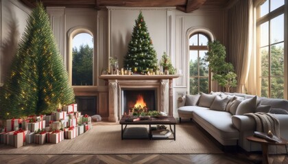 Fototapeta premium A traditional living room decorated with a cypress tree and a fireplace with ornaments and gifts for the holidays