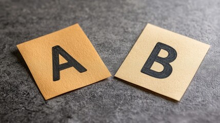Two paper squares labeled A and B, symbolizing decision-making options and the exploration of various possibilities.
