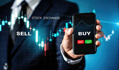 Fototapeta premium Close-up of a smartphone with a stock exchange trading app, showing buy and sell options against a financial graph.