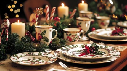 Imagine a well-decorated table for a Christmas party, featuring a collection of holiday-themed plates, cups, and napkins