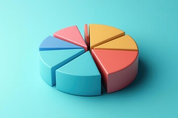 Fototapeta premium A colorful 3D pie chart with sections in various pastel colors, set against a solid turquoise background.