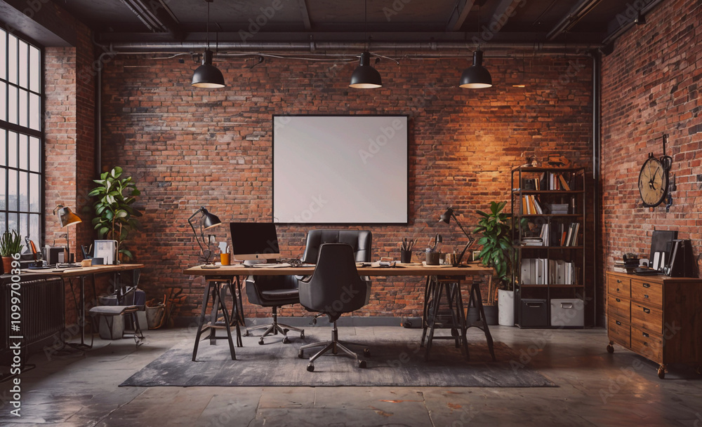 Poster large room with a white wall and a black desk. there are two chairs and a clock on the wall