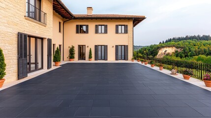 Fototapeta premium Elegant villa exterior with modern terrace and scenic landscape views