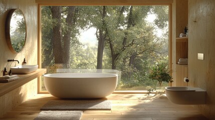 Fototapeta premium Modern bathroom design featuring a freestanding tub and large windows overlooking a forest landscape at sunrise