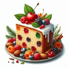 Fruitcake A slice of fruitcake with a cherry on top isolated on