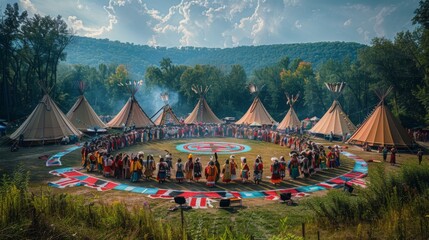 Indigenous Peoples' Day. A panoramic view of a powwow gathering, with the colorful dance circle surrounded by tents, tipis, and onlookers, creating a festive and inclusive atmosphere.