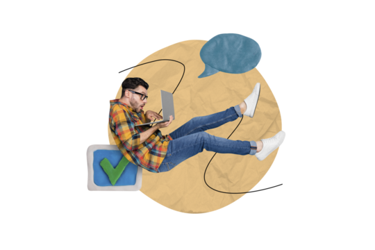 Creative collage picture of working guy fly use netbook complete task check mark dialogue bubble isolated on beige background