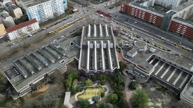 Aerial view of the SEZ complex with modern architecture and urban landscape, Berlin, Germany.