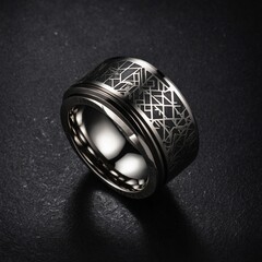 A titanium ring with geometric engravings, placed on a sleek black marble surface.