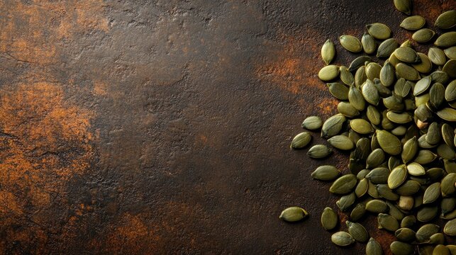 A cluster of green pumpkin seeds scattered on a textured dark brown surface with plenty of negative space for customizable text placement