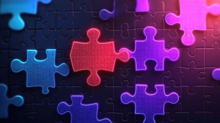 Fototapeta premium Colorful Puzzle Pieces on Dark Background with Neon Glow Effects