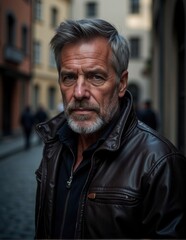 Obraz premium Portrait of elderly man wearing leather jacket while standing in urban setting with narrow streets and blurred background creating sense of depth