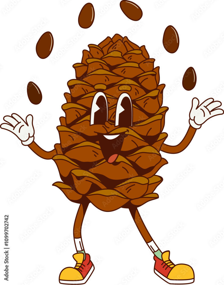 Aufkleber groovy pine nut cone character with funny face in retro cartoon, vector comic emoji. funky groovy pi