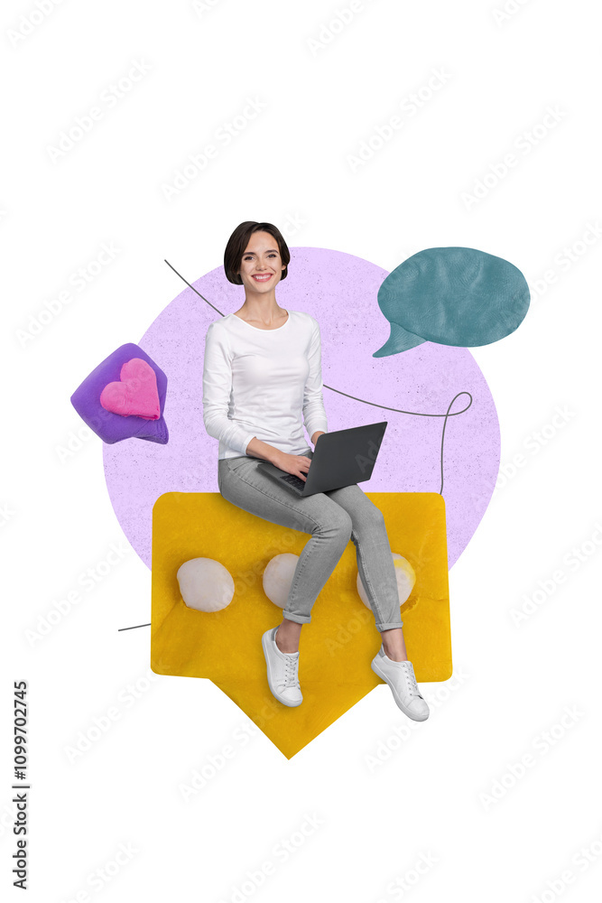 Poster vertical collage picture of positive mini girl use netbook receive huge message notification icon li