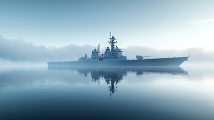 Fototapeta premium Majestic Warship Silhouette in Serene Waters at Dawn, Surrounded by Mist and Calm Reflections, Evoking a Sense of Peace and Power in a Tranquil Seascape