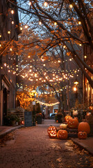 A cozy autumn alley adorned with string lights and carved pumpkins for Halloween festivities.