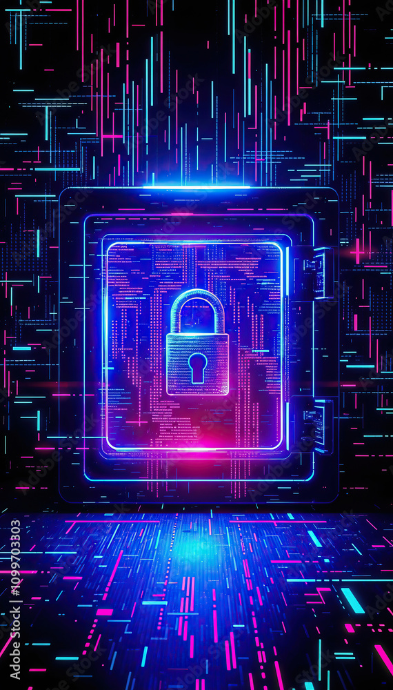 Poster digital padlock holographic neon secure data protection cyber security encryption technology privacy