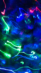 Bright abstract colorful background with motion blurred lights of christmas tree