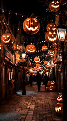 Fototapeta premium A festive alley adorned with glowing jack-o'-lanterns and string lights for Halloween.