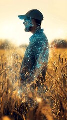 Fototapeta premium Double Exposure Sustainable agriculture and Technology, Farmer Inspecting Wheat with Double Exposure Effect