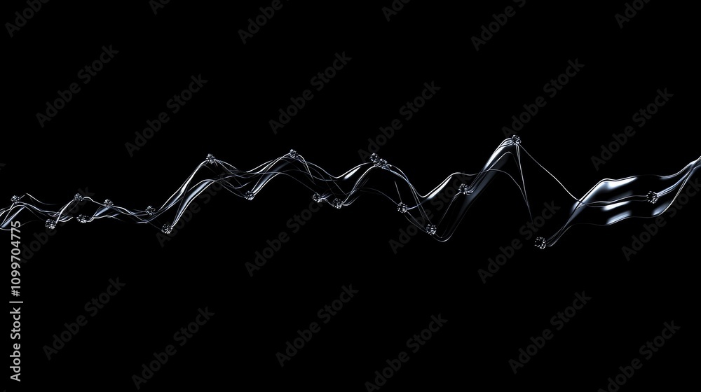 Poster a smooth line graph in metallic silver, with ascending and descending lines on a black background, r