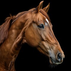 Obraz premium Bay horse portrait on black background close up beautiful chestnut horse.