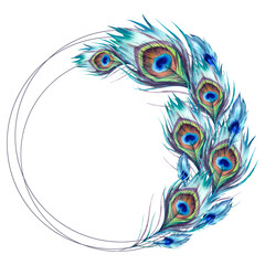 Obraz premium Peacock feathers round frame. The illustration is hand-drawn, executed in watercolor. A beautiful bright multicolored Phoenix bird feather on a white background. Asian, Indian, Japanese ornament