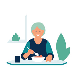 Senior woman eating soup at home. Vector illustration in flat style.