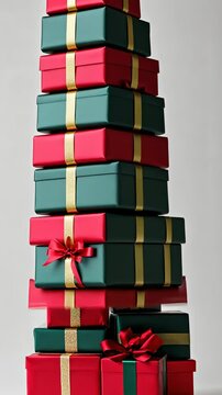 Towering gift boxes stacked in colorful holiday preparation sequence