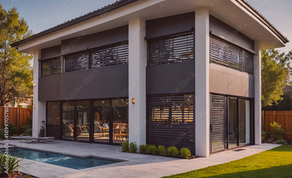 Aufkleber large house with a pool and a patio. the house is black and white. there are many windows on the hou