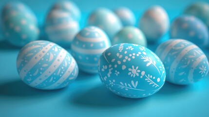 Decorative blue Easter eggs with white floral patterns on a pastel turquoise background, ideal for spring holiday card designs.