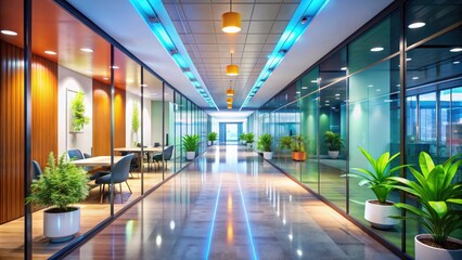 Fototapeta premium Modern Office Corridor Design for Business Presentations and Corporate Backgrounds - Stylish Workspace, Professional Environment, Creative Office Decor Ideas