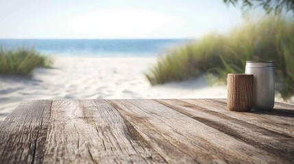 Naklejka premium Rustic wooden table in a blurred beach scene with soft grassy edges perfect for summer product showcases and creative travel mockups.