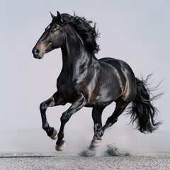 Obraz premium Black Andalusian stallion gallops on dark background