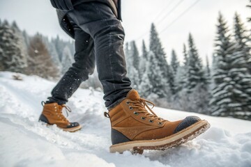 A person strolls along a snowy path in a forest, showcasing warm winter boots.