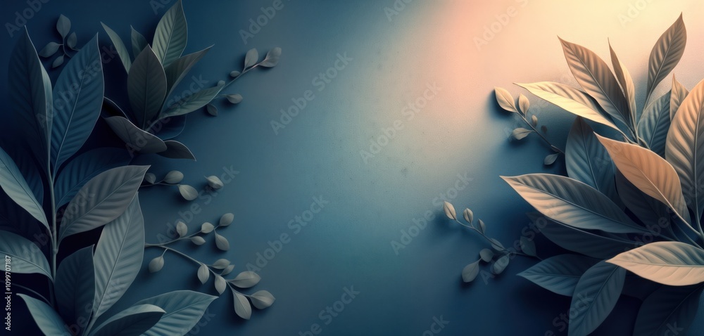 Poster abstract design with navy blue background, subtle texture gradients. arrangement of modern plants wi