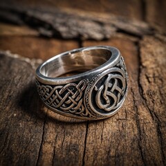 A silver ring with Celtic knot patterns, set against a rustic wooden background.